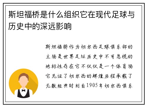 斯坦福桥是什么组织它在现代足球与历史中的深远影响