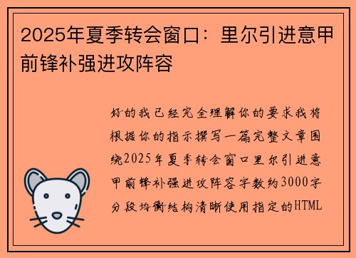 2025年夏季转会窗口：里尔引进意甲前锋补强进攻阵容