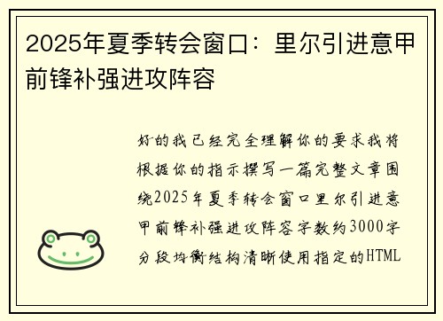 2025年夏季转会窗口：里尔引进意甲前锋补强进攻阵容