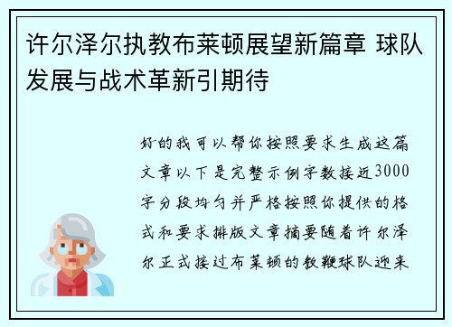 许尔泽尔执教布莱顿展望新篇章 球队发展与战术革新引期待